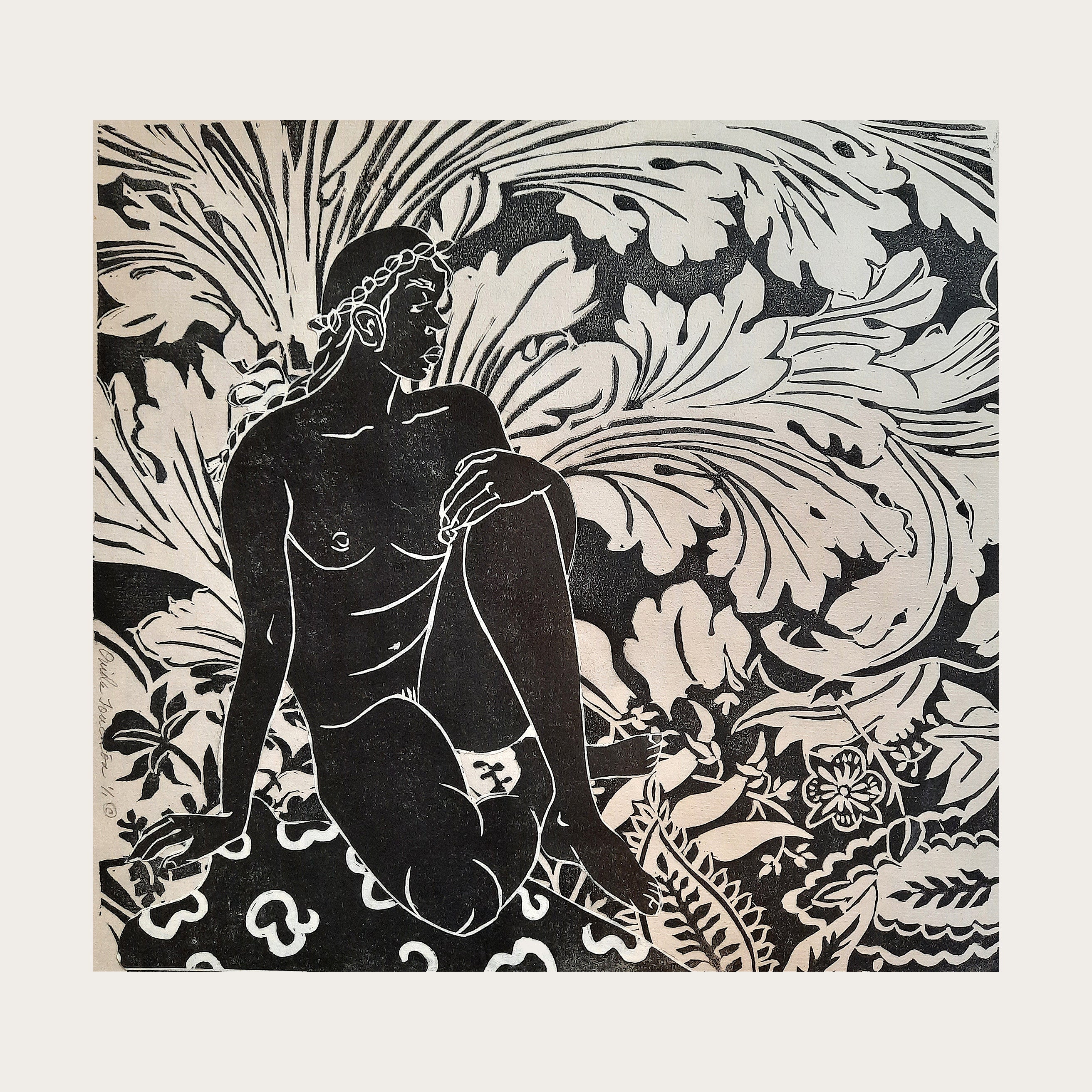 Tahitian Goddess, linocut combination print edition of 10 for sale by Ouida Touchon
