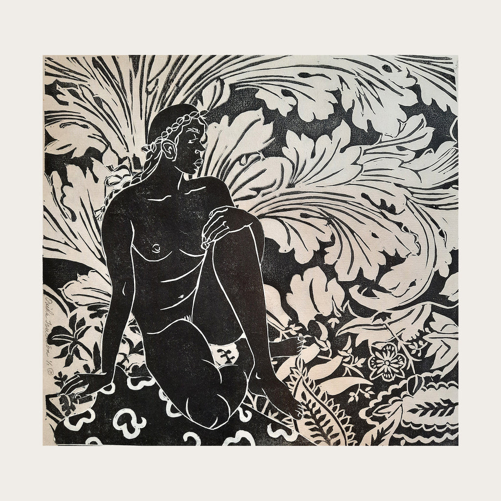 Tahitian Goddess, linocut combination print edition of 10 for sale by Ouida Touchon