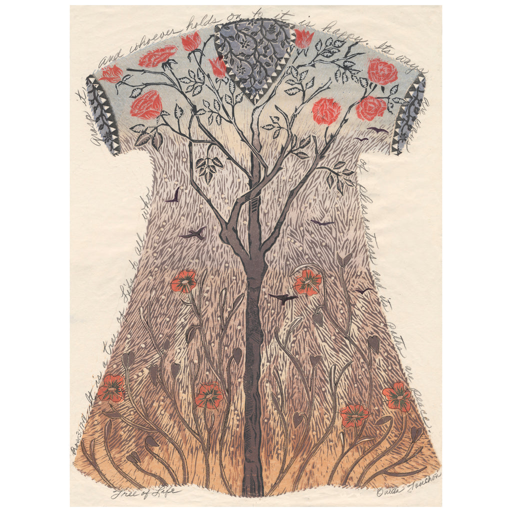 Tree of Life, original art with text, fantasy garment titled Tree of Life, handprinted.for sale by Ouida Touchon