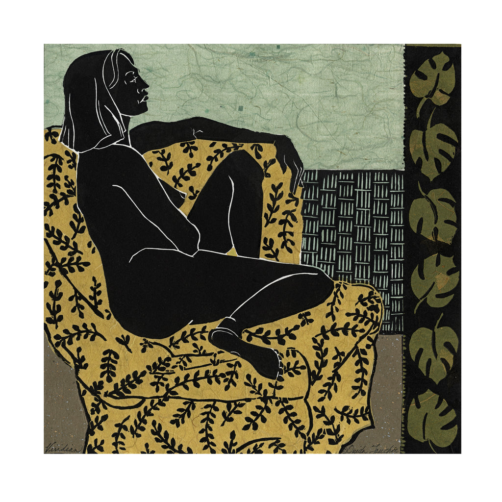 Viridian linocut with chine colle collage from the Languor Series, for sale by Ouida Touchon