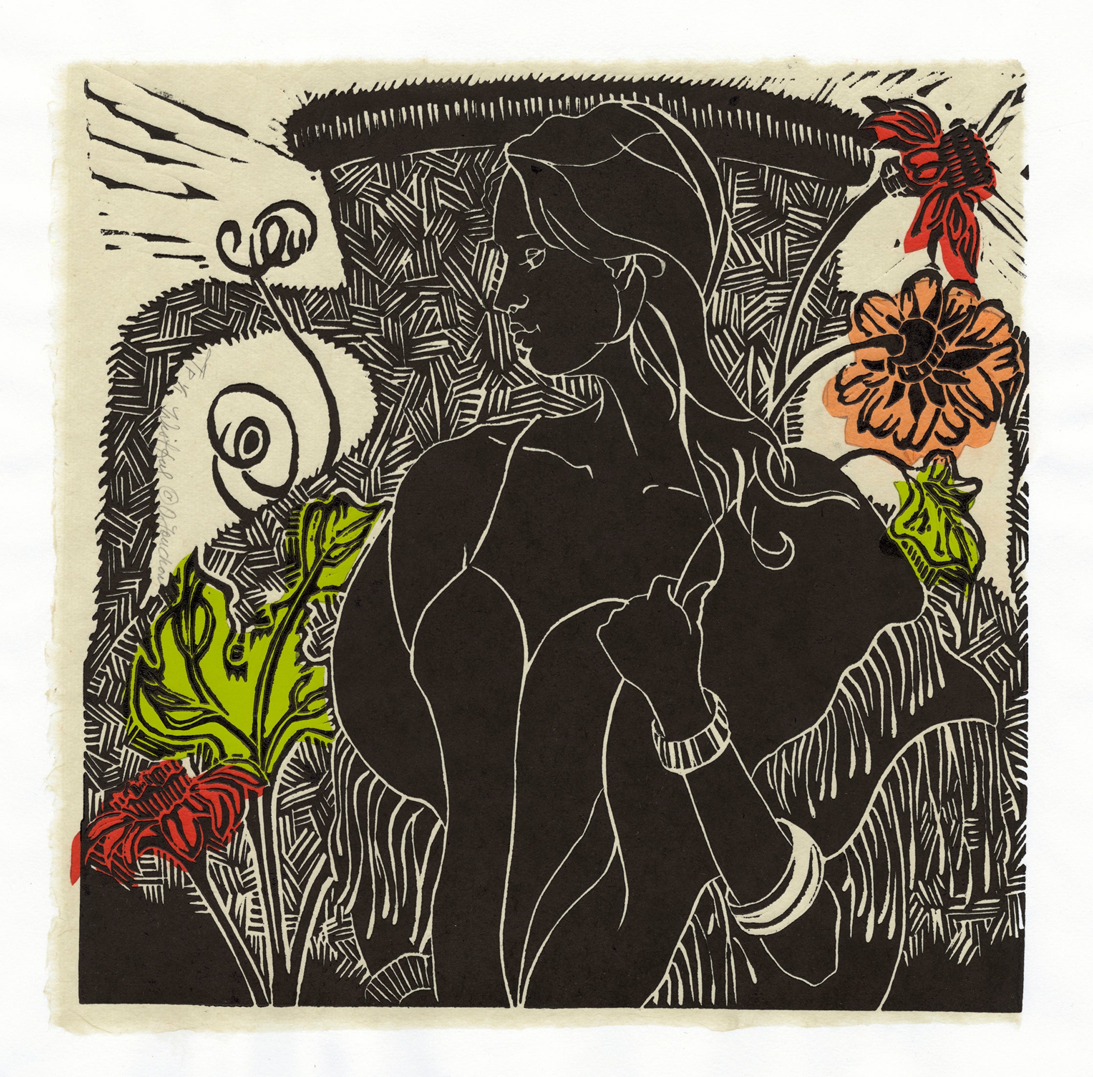 Wistful, linocut with chine colle for sale by Ouida Touchon, square size 12x12 image size.