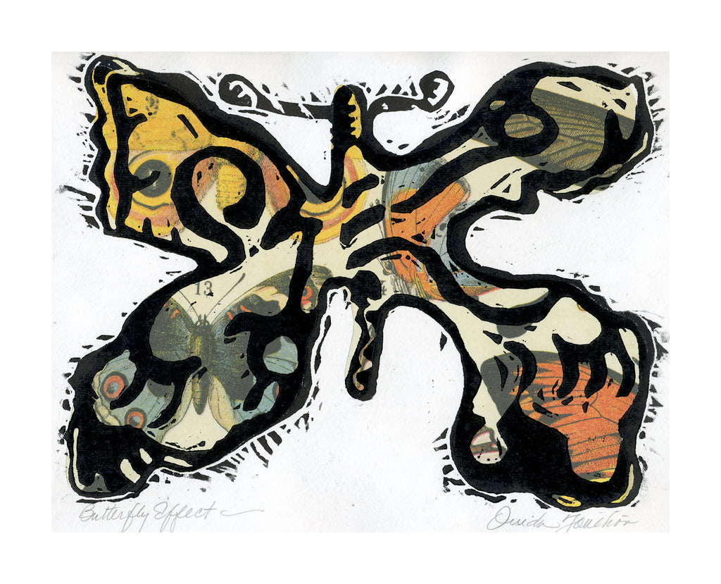 Birds and Butterflies 2, warm colors of collage and overprint of butterfly with black ink. Original artwork for sale. 