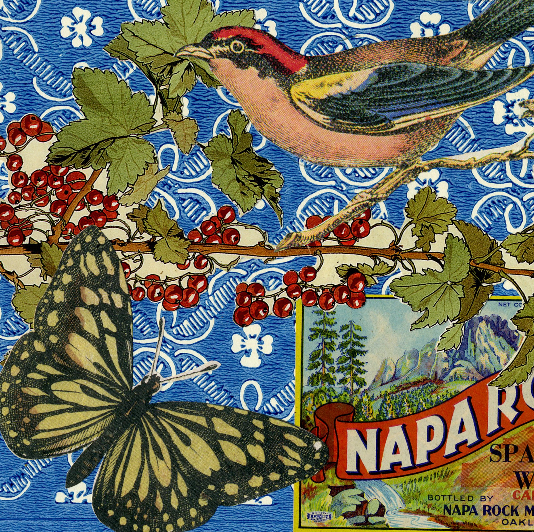 detail of California Dreaming 6, vintage collage on paper with songbirds for sale by Ouida Touchon