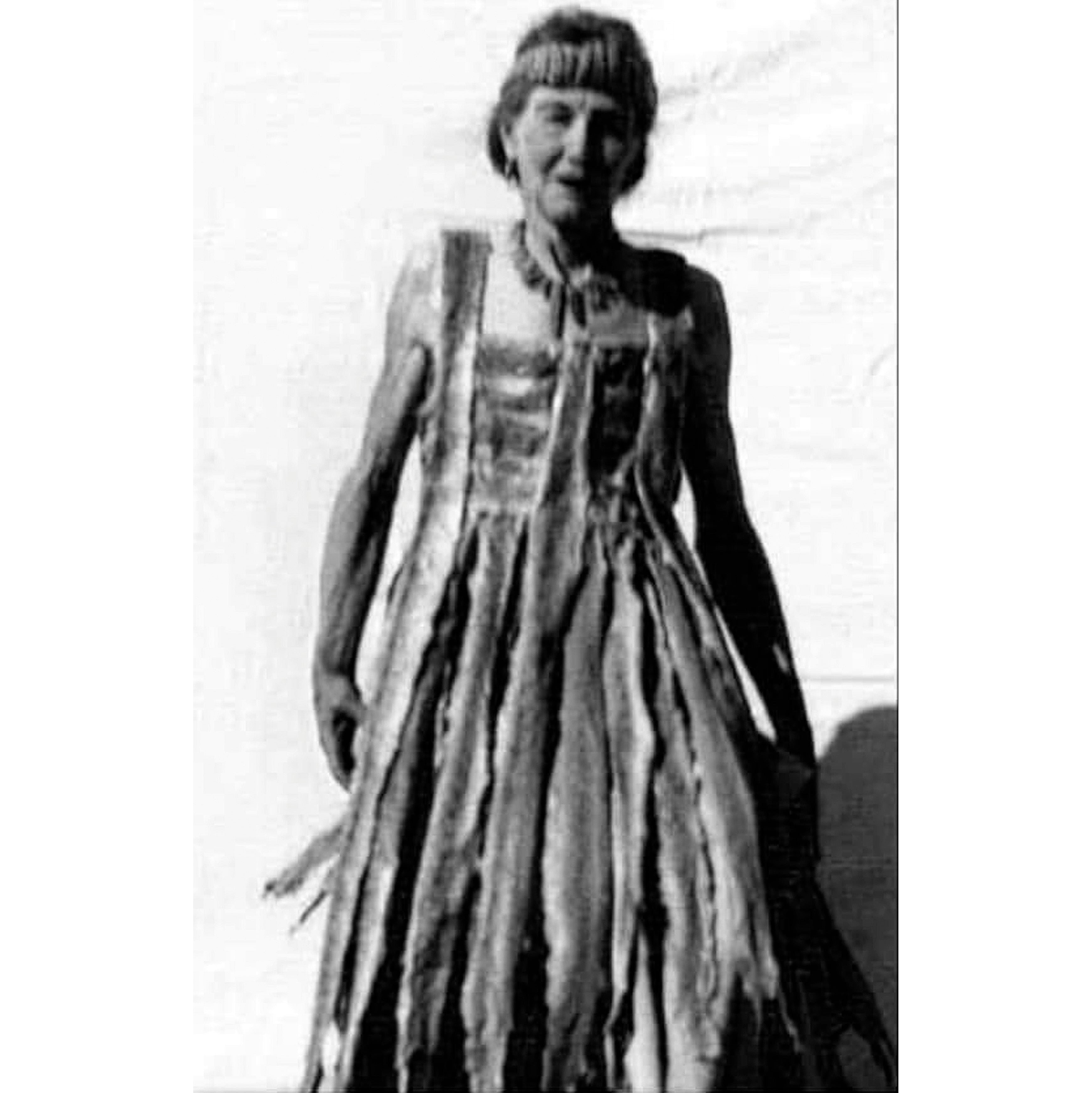 actual photo of Rattlesnake Kate in her snake skin dress, Ouida Touchon artist