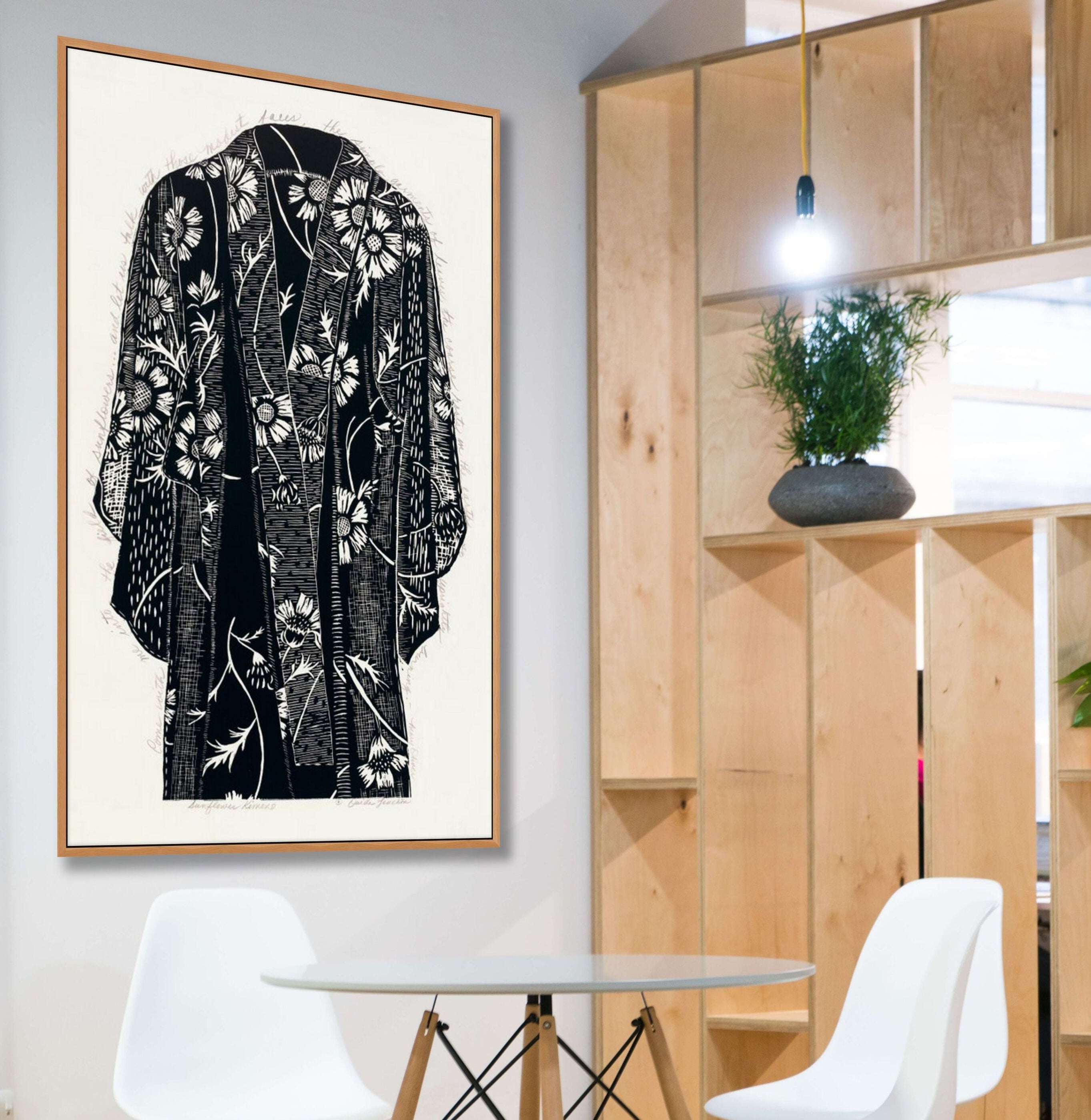 in situ, Sunflower Kimono, hand printed in black ink on Japanese paper, for sale by Ouida Touchon