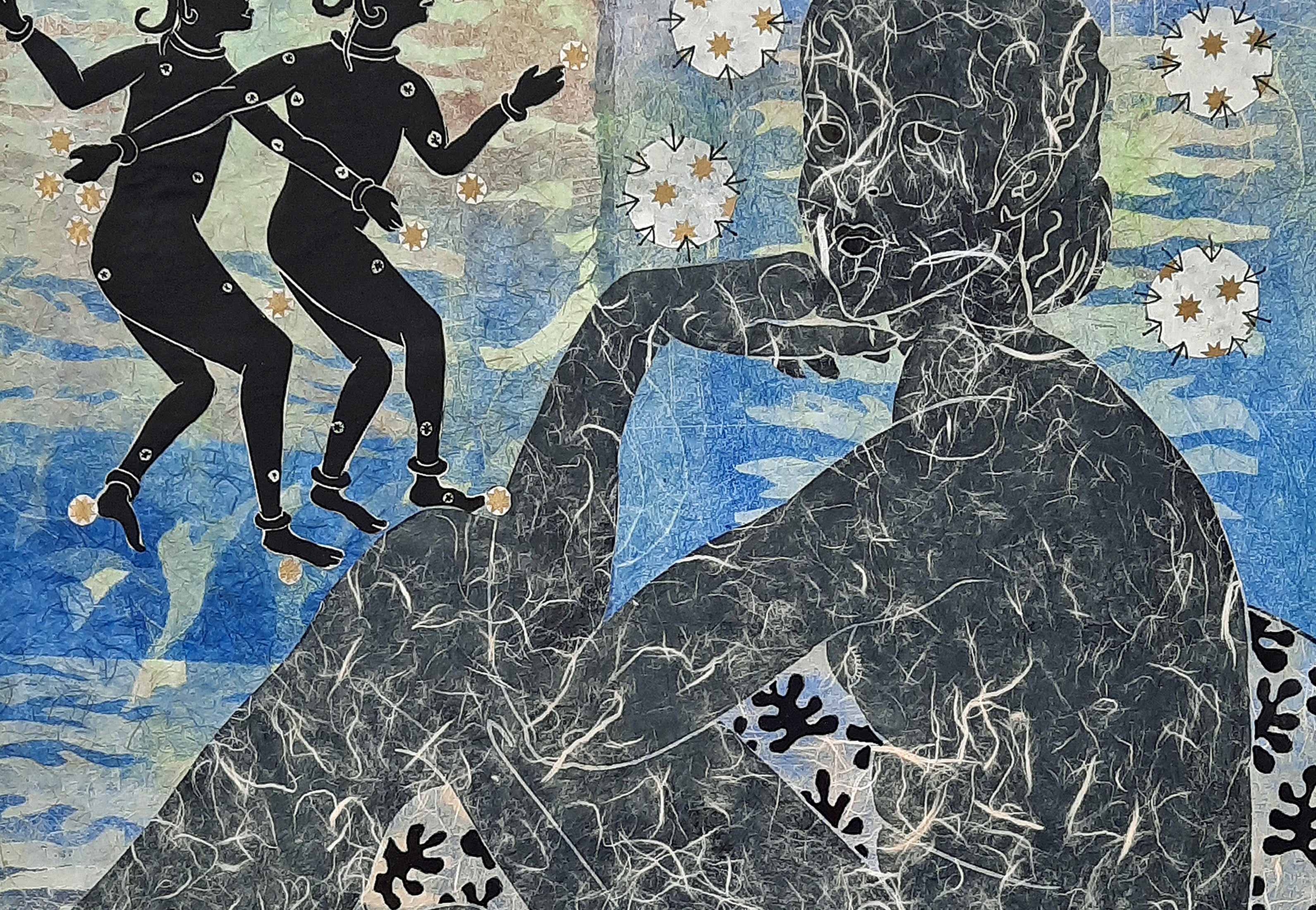 detail of The Gathering of Fixed Stars, mixed media printmaking, for sale by Ouida Touchon