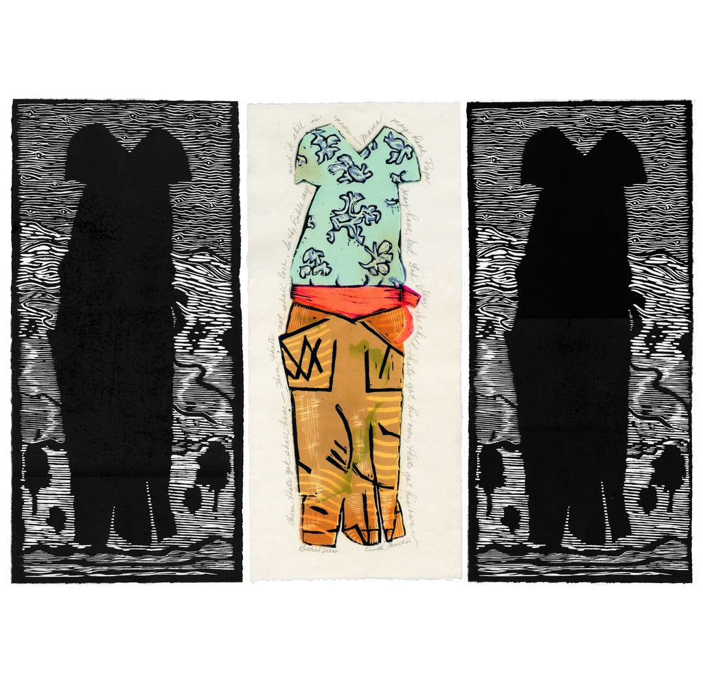 Billie's Dress, triptych artwork with 3 images of a dress worn by Billie Holiday, linocut and woodcut with color, original artwork. For sale by Ouida Touchon, artist